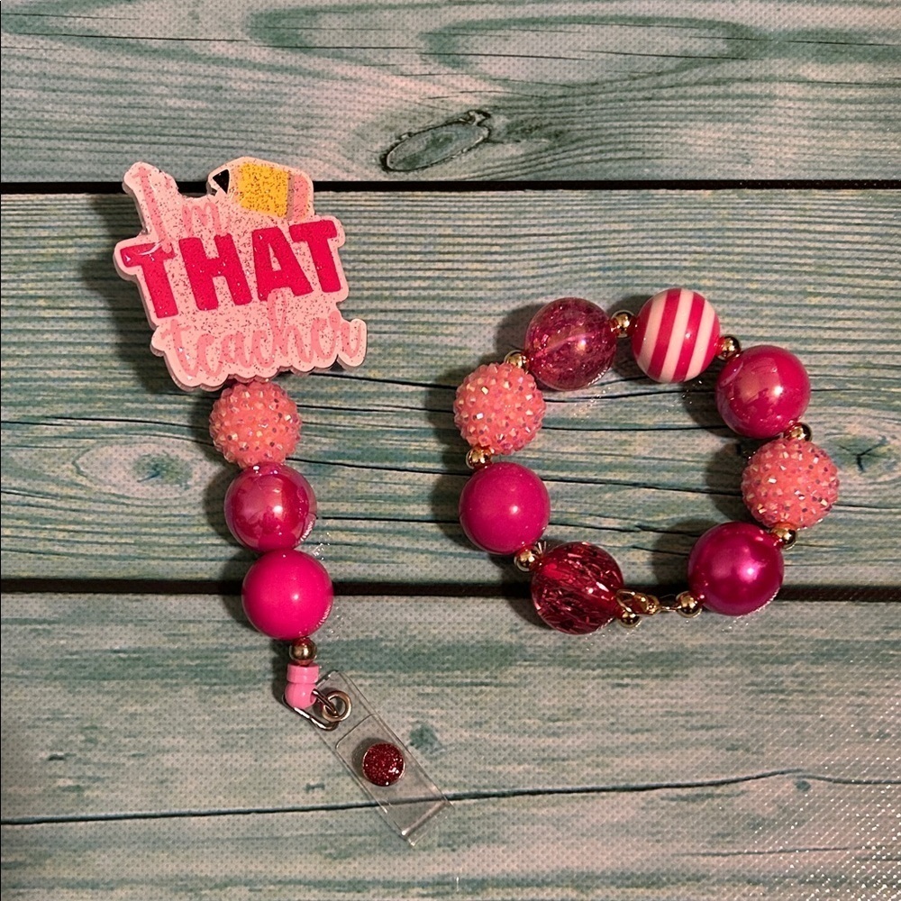 Pink Beaded Teacher Bracelet and Badge Holder Set
